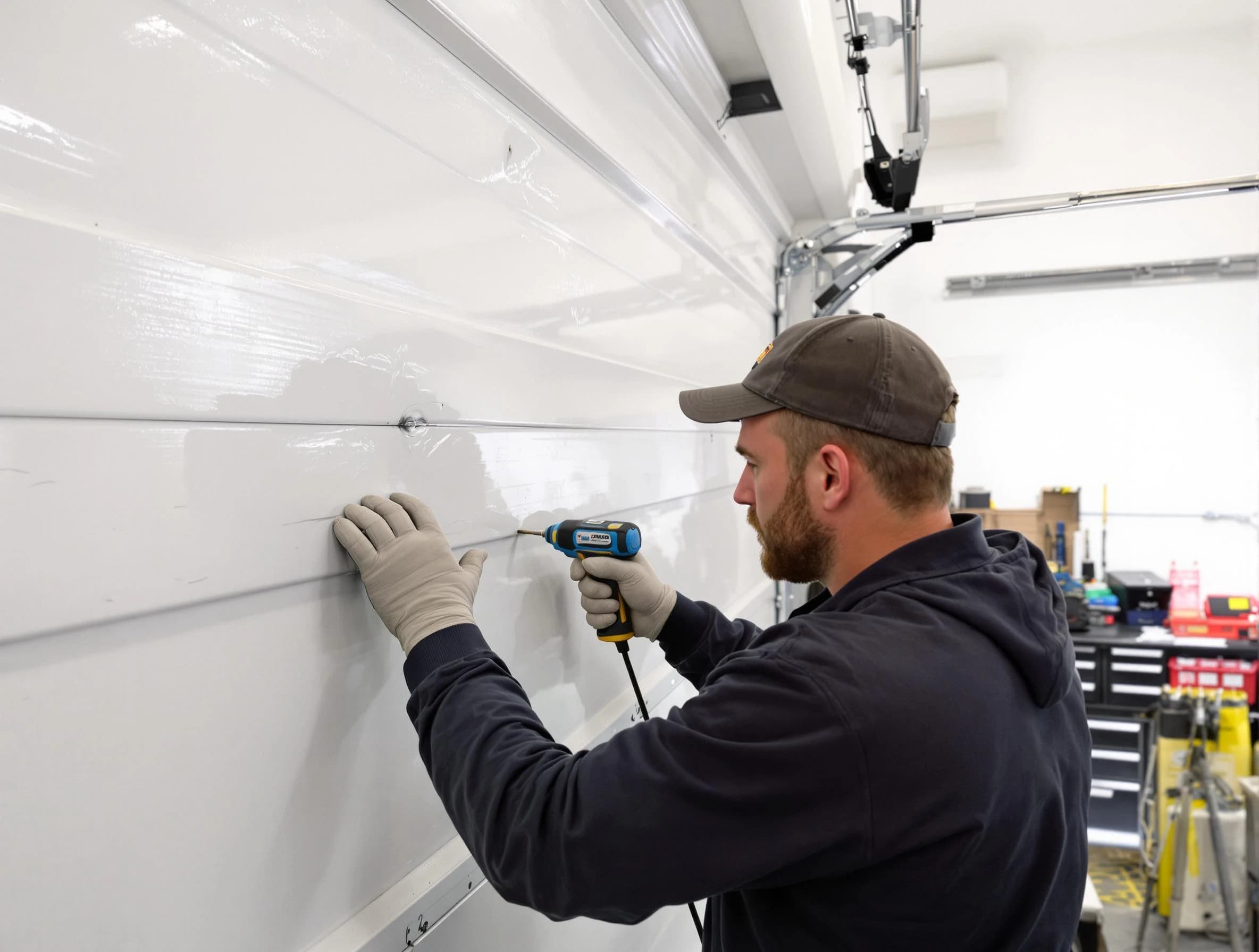 Hueytown Garage Door Repair technician demonstrating precision dent removal techniques on a Hueytown garage door